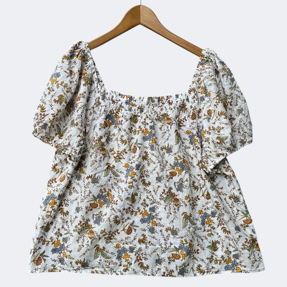 Floral Puff-Sleeve Cotton Top in White with Mustard & Blue